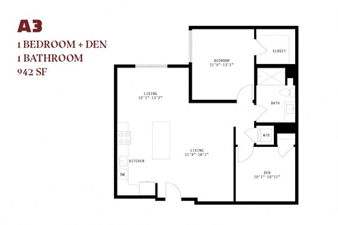 Floor plan for 1 bed, 1 bath, 980 sqft